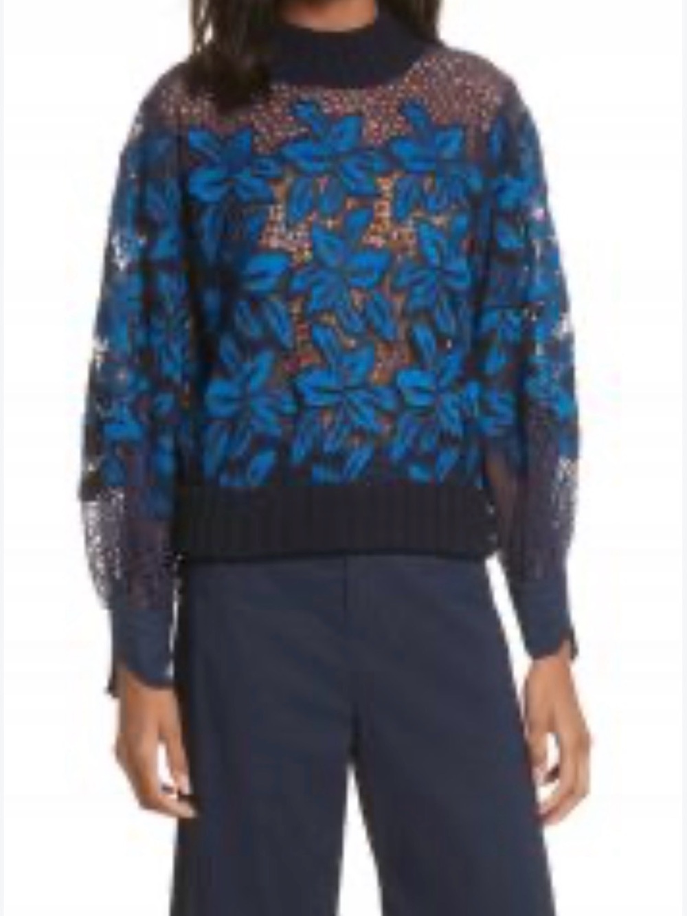 Sea New York Navy Sheer Knit Sweater with Electric Blue Floral Appliqué